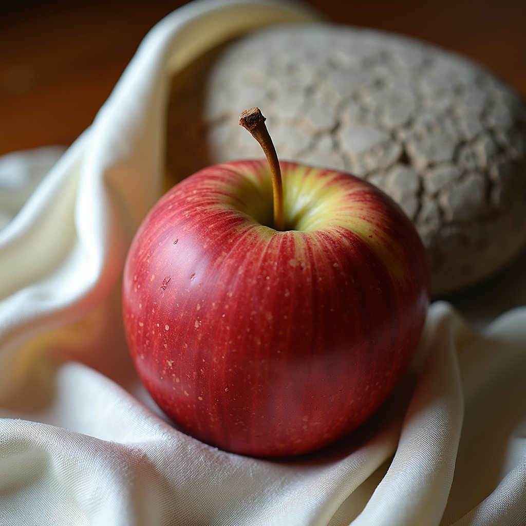 Apple, stone and fabric